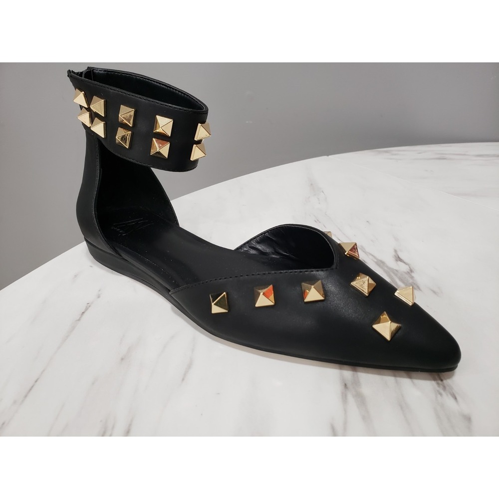 NEW NO BOX SZ 6 Aaj by Aminah Women's Lennox Studded Ankle Strap Flats GOTHIC
